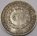 P#593 - ANTIGA MOEDA DE PRATA DO BRASIL ( IMPÉRIO - PRATA 917 ) 500 RÉIS ANO DE 1860 FORAM CUNHADAS 108.380 MIL PEÇAS