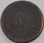 C#630 - ANTIGA MOEDA DE COBRE DO BRASIL ( IMPÉRIO - D. PEDRO I ) MOEDA DE 80 RÉIS COM CARIMBO GERAL DE 40 RÉIS PEÇA DATADA DE 1831 - R  RIO DE JANEIRO