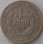 P#711  ANTIGA MOEDA DE PRATA DO BRASIL ( REPÚBLICA ) 2.000 RÉIS ANO DE 1925 ESCASSA PEÇA CIRCULADA ( MBC ) PRATA 500
