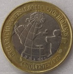 V#558  MOEDA COMEMORATIVA DO BRASIL ( REPÚBLICA ) 1 REAL ANO DE 1998 BIMETÁLICA ( MBC ) PEÇA ESCASSA ALUSIVA AOS " 50 ANOS DECLARAÇÃO DIREITOS HUMANOS  "