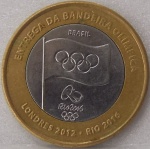 V#584  - MOEDA COMEMORATIVA DO BRASIL ( REPÚBLICA ) 1 REAL ANO DE 2012 ( MBC ) ALUSIVA A ENTREGA DA BANDEIRA OLÍMPICA ( RIO ) ESCASSA