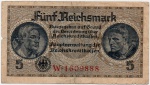 WOR: P-R138a OU ROS: R-553a  - ANTIGA CÉDULA DA ALEMANHA 5 REICHSMARK DATADA DE 1940 USADA DURANTE A 2a. GUERRA MUNDIAL NOS TERRITORIOS OCUPADOS .. SÉRIE " W " COM 7 DIGITOS EM VERMELHO