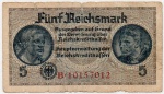 WOR: P-R138b OU ROS: R-553b  ANTIGA CÉDULA DA ALEMANHA ( USADA DURANTE A 2a. GUERRA MUNDIAL NOS TERRITÓRIOS OCUPADOS )  5 REICHSMARK ANO DE 1940  ...SÉRIE ( B - SEGUIDO DE 8 DIGITOS RED )