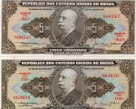 C#068 - LOTE CONTENDO DUAS CÉDULAS ANTIGAS DO BRASIL ( REPÚBLICA - 2a. ESTAMPA ) 5 CRUZEIROS DO ANO DE 1956 MBC/SOB