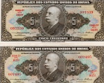 C#068 - LOTE CONTENDO DUAS CÉDULAS ANTIGAS DO BRASIL ( REPÚBLICA - 2a. ESTAMPA ) 5 CRUZEIROS DO ANO DE 1956 MBC/SOB