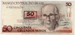 C#210 ANTIGA CÉDULA DO BRASIL ( REPÚBLICA ) 50 CRUZADOS NOVOS COM CARIMBO DE 50 CRUZEIROS ANO DE 1990 MBC  ANVERSO: CARLOS DRUMOND DE ANDRADE E REVERSO: O POETA EM SUA MESA DE TRABALHO ( GRAVURA )