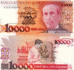 C#202 ANTIGA CÉDULA DO BRASIL ( REPÚBLICA ) 10.000 MIL CRUZADOS  COM CARIMBO DE 10 CRUZADOS NOVOS ANO DE 1989 SOB  ANVERSO:  CARLOS CHAGAS E REVERSO:  O NOTÁVEL MÉDICO TRABALHANDO EM LABORATÓRIO .
