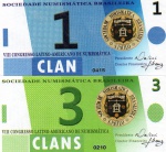 LOTE CONTENDO DUAS CÉDULAS COMEMORATIVAS ( EXONÚMIA ) DA SOCIEDADE NUMISMÁTICA BRASILEIRA ALUSIVA AO VIII CONGRESSO LATINO-AMERICANO DE NUMISMÁTICA , EVENTO ESTE REALIZADO NO PERÍODO DE 2 A 4 DE DEZEMBRO DE 2010 , CÉDULAS MUITO BEM CONSERVADAS