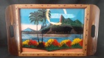 BANDEJA EM MADEIRA " MARCHETADA " COM MOLDURA EM VIDRO E ASAS DE BORBOLETA  DIMENSÃO  47 x 29 cm