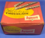ANTIGA CAIXA PALITOS CHOCOLATE " A Y M O R É "  ANOS 60 " BISCOITOS AYMORE LTDA " REF.:  PESO LIQ. 200 g
