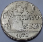 BRASIL - ANTIGA MOEDA DE 50 CENTAVOS CUNHADA EM DISCO MENOR ANO DE 1970