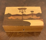 COLECIONISMO - Caixa de madeira trabalhada em marqueterie retratando Araucárias.  Medidas; 18 x 12 x 6. Circa 1970, marcas do tempo. Não possui chave.