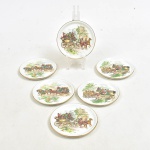 Conjunto de 6 porta copos de porcelana com pinturas feita a mão de carruagens com feudais. 8,5 cm diam