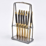 Vintage -  Jogo de 11 facas para frutas, Stahl-Bronce com cabo em madeira - Anos 50/60, Alemanha (15cm), acompanha suporte em metal prateado Casa Costa. (19X11)