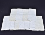 Conjunto de 12 guardanapos de linho branco, bordados a máquina. Apresentam mancha amareladas e pequenos furos.  50x50 cm