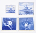 Delft - lote composto pr quatro pequenos azulejos pintados à mão sendo um pendant com cena de moinho e um pendant com mestres da pintura holandesa (um apresenta restauro) - 4,5X4,5 cm - 7,5X7,5cm  / 7,5X7,5cm
