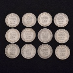 Lote contendo 12 moedas de prata de 1000 réis, sendo: 3 de 1907, 4 de 1908 e 5 de 1911. Pt 119.4 grs