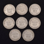 Lote contendo 8 moedas de prata de 2000 réis, sendo: 3 de 1907, 1 de 1908 e 4 de 1911. Pt 158 grs