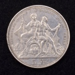 Moeda de prata, 5 francos, Suiça 1883.  AnversoTIRO FEDERALE IN LUGANO 1883Reverso5 Fr. / LIBERTADE INERME È DE' TIRANNI AGEVOL PREDA