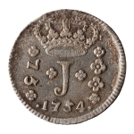 Brasil, 75 Réis, 1754R. Prata. AI P247. BC/MBC. Essa moeda tem muito pouco desgaste por circulação, e o estado de conservação mais baixo deve-se à presença de corrosão, mais proeminente no reverso. Ex. Coleção Vila Rica. Estimado R$ 800,00 - 1200,00