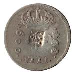 Brasil, 600 Réis, 1771R. Prata. AI P297; Var 1A. Com Carimbo de Escudete. MBC. Ex. Coleção Vila Rica. Estimado R$ 2800,00 - 3300,00