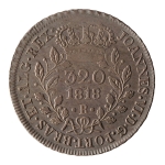 Brasil, 320 Réis, 1818R. Prata. AI P468; Aranha 5A (R). `R` entre pontos. Bela pátina `elefante`. Muito atrativa. MBC+. Ex. Coleção Vila Rica. Estimado R$ 900,00 - 1200,00