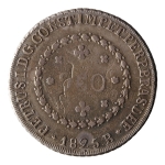 Brasil, 960 Réis, 1825B. Prata. AI P510; S&R 2A; BC 2. Disco grande, data e casa bem cunhadas. Bela pátina. MBC. Ex. Coleção Vila Rica. Estimado R$ 1800,00 - 2400,00