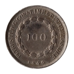 Brasil, 100 Réis, 1840. Prata. AI P524. Apenas 910 cunhadas. Sob/FC. Ex. Coleção Vila Rica. Estimado R$ 6000,00 - 8000,00