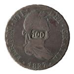 Brasil, 400 Réis, 1864-1870. Prata. AI P671. Sobre 2 reales Sevilha 1827JB. Bela pátina. Muito atrativa e muito rara nesse estado. MBC (carimbo Sob). Ex. Coleção Vila Rica. Estimado R$ 4000,00 - 5000,00