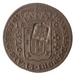 Brasil, 320 Réis, 1810B. Prata. AI P387; Aranha 1A. Sobre `Jota`. Com carimbo de escudete. Pátina escura, muito atrativa. Sob. Estimado R$ 2000,00 - 2500,00