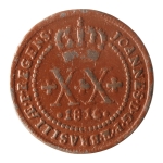 Brasil, XX Réis, 1816B. Cobre. AI C405. Data entre pontos. MBC/Sob. Estimado R$ 250,00 - 300,00