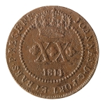 Brasil, XX Réis, 1814R. Cobre. AI C432. Erro na legenda BARS - Muito Raro. Sob. Alguma corrosão, ainda assim muito atrativa. Estimado R$ 450,00 - 550,00