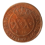 Brasil, XX Réis, 1818R. Cobre. AI C472. Cunhagem para Goiás e Mato Grosso. Sob-. Verniz. Estimado R$ 700,00 - 900,00