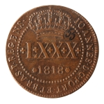 Brasil, LXXX Réis, 1818R. Cobre. AI C475. Cunhagem para Goiás e Mato Grosso. MBC/Sob. Estimado R$ 650,00 - 750,00