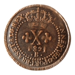 Brasil, X Réis, 1821B. Cobre. AI C477. Cunho quebrado no reverso. Sob. Verniz. Estimado R$ 450,00 - 550,00