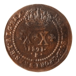 Brasil, XX Réis, 1821B. Cobre. AI C481. Cunho quebrado no reverso. MBC+. Verniz. Estimado R$ 250,00 - 350,00