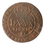 Brasil, LXXX Réis, 1821B. Cobre. AI C493a. Legenda Deslocada no Reverso - Rara. Sob. Um pouco de corrosão, ainda assim muito atrativa. Estimado R$ 1100,00 - 1300,00