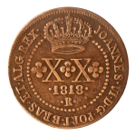 Brasil, XX Réis, 1818R. Cobre. AI C505. MBC/Sob. Verniz. Estimado R$ 350,00 - 450,00