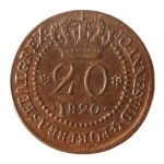 Brasil, 20 Réis, 1820. Cobre. AI C536. Cunhagem para Moçambique e S. Tomé e Príncipe. Sob+. Estimado R$ 650,00 - 750,00