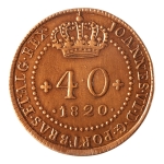 Brasil, 40 Réis, 1820. Cobre. AI C538. Cunhagem para Moçambique e S. Tomé e Príncipe. Sob+. Verniz. Estimado R$ 700,00 - 900,00