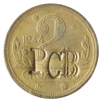Brasil, 2 Cruzeiros, 1944. Bronze-Alumínio. AI V240. Com carimbo PCB (Partido Comunista Brasileiro). Sob. Estimado R$ 30,00 - 40,00