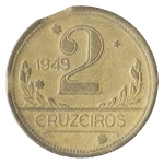 Brasil, 2 Cruzeiros, 1949. Bronze-Alumínio. AI V244a. Mapa duplo. Fim de chapa. Sob. Estimado R$ 200,00 - 250,00