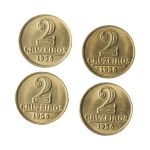 Brasil, 2 Cruzeiros, 1956. Bronze-Alumínio. AI V256. Lote com 4 moedas. FC. Estimado R$ 250,00 - 300,00