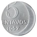 Brasil, 5 Centavos , 1967. Aço-Inox. AI V293. Com defeito - BONÉ. FC. Estimado R$ 50,00 - 70,00