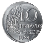 Brasil, 10 Centavos , 1974. Aço-Inox. AI V298. Com defeito - BONÉ. FC. Estimado R$ 50,00 - 70,00