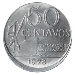 Brasil, 50 Centavos , 1978. Aço-Inox. AI V309. Com defeito - BONÉ. FC. Estimado R$ 50,00 - 70,00