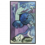 Emanoel Araújo (1940). Figuras e Gatos. Óleo sobre tela. Assinado, cid, verso e datado 1964. 117 x 65 cm.