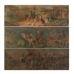 Três pinturas representando a crucificação de Cristo. Europa, Séc. XVIII. 27 x 80 cm.
