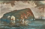 Arsênio Cintra da Silva (1833-1883). Marinha com Castelo. Guache. Assinado, cie. 14,5 x 25 cm.