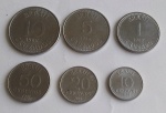 Moeda Brasil - 6 Moedas Colecionáveis do Plano Cruzado; 10, 20, 50 centavos Ano 1986 e 1987 - 1, 5,10 cruzados Ano 1986 e 1988 - Material: aço inox - Medida maior: 26 mm diâmetro - Medida menor: 16 mm diâmetro.